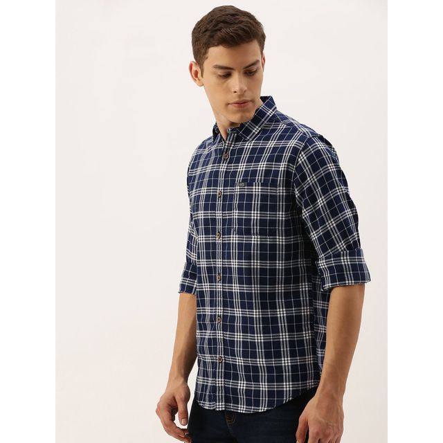 The Indian Garage Co Men's Slim Fit Checkered Casual Shirt | Navy Blue - 2XL
