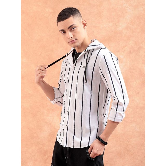 The Indian Garage Co Men's Slim Fit Vertical Striped Casual Shirt | White - XL