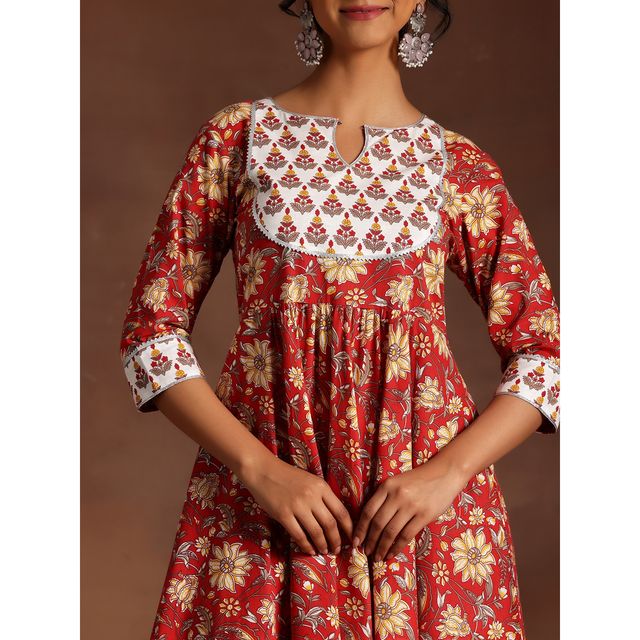 Libas Women's Red Printed Cotton Anarkali Suit With Dupatta | M