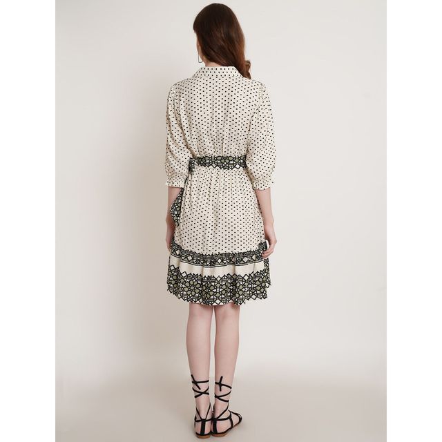 Wyshlist Women's Dress Flared Hem Geometric Print With Puff Sleeves | Off White - XL