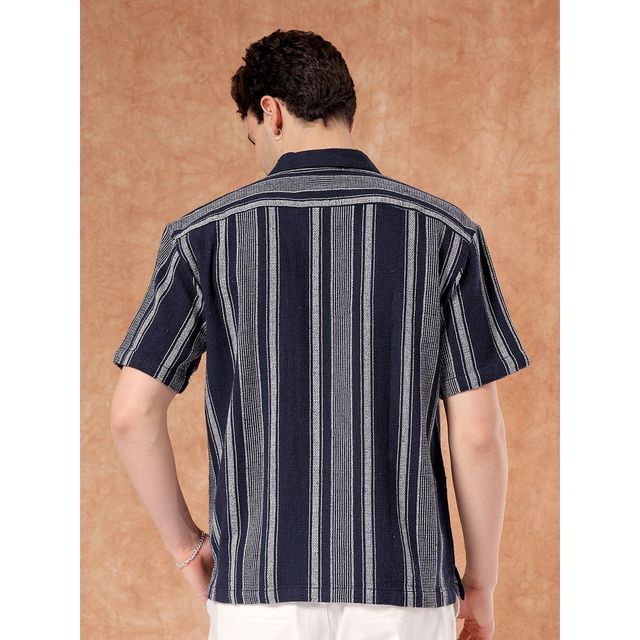 The Indian Garage Co Men's Relaxed Fit Striped Resort Half Sleeve Shirt | Indigo - XL