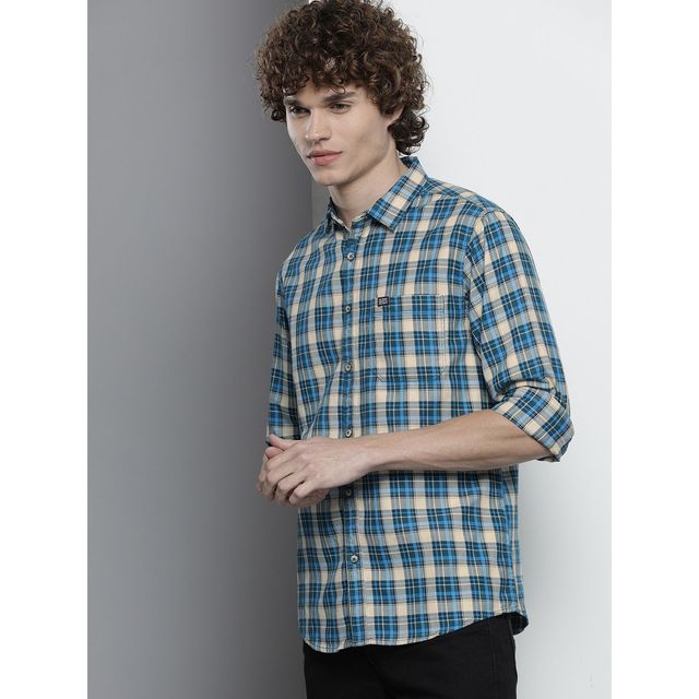 The Indian Garage Co Men's Slim Fit Checkered Casual Shirt | Blue - XL