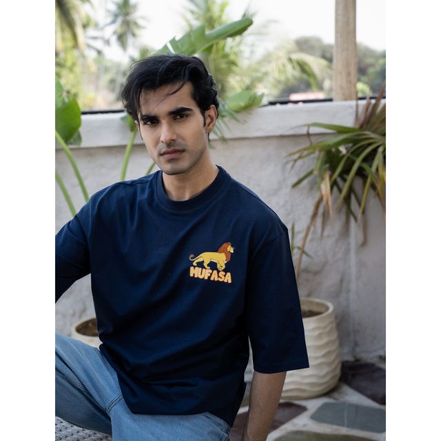 Bonorganik Men's Lion king Oversize - Front and back Print T-shirt | BON12052 | Navy - S
