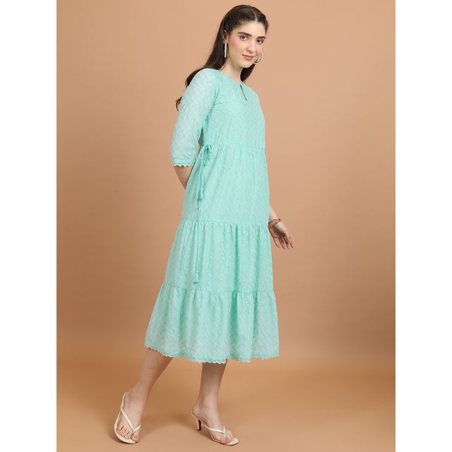 Ketch Women Self Designed Keyhole Neck A-Line Midi Dress | Sea Green | XL
