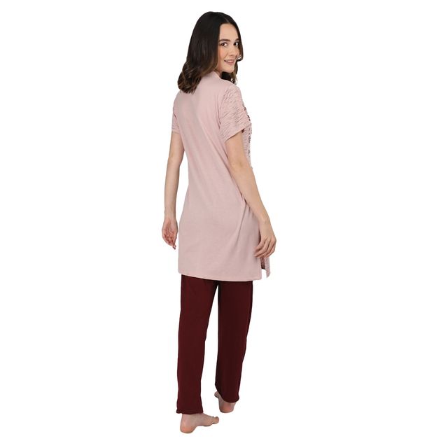 Duchess Women Cotton Regular Fit Printed Embroided Long Length Night Suit Set | Mouse-Maroon | 2XL