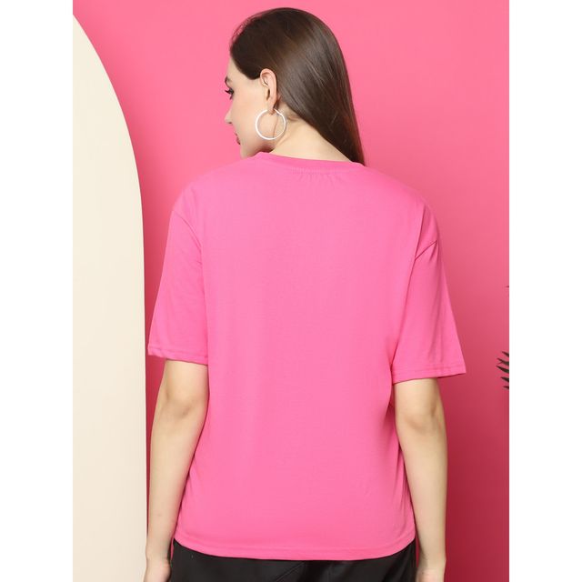 Fabflee Women Oversize Cotton Printed Round Neck Tshirt | Pink | FAB-OS-522 | S