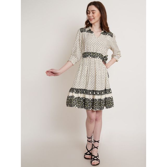 Wyshlist Women's Dress Flared Hem Geometric Print With Puff Sleeves | Off White - XL