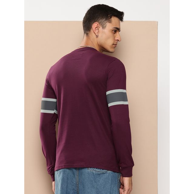 Difference of Opinion Men Long Sleeve Colourblocked Printed T-shirt - Burgundy | Pure Cotton | L