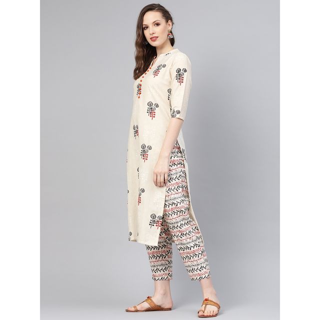 Libas Women's Off | White Printed Cotton Straight Kurta With Trousers | L