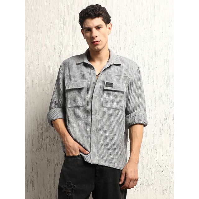 Hubberholme Men's Classic Cotton Casual Waffel Oversized Double Pocket Shirt | Grey - 44