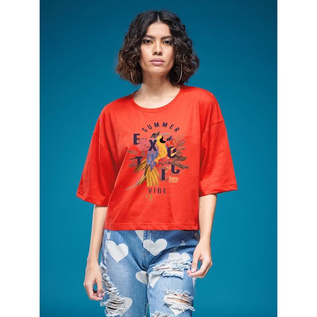 Smartees Women's Oversize Printed T-shirt | WW - Boxy - 3003 | Orange - XL