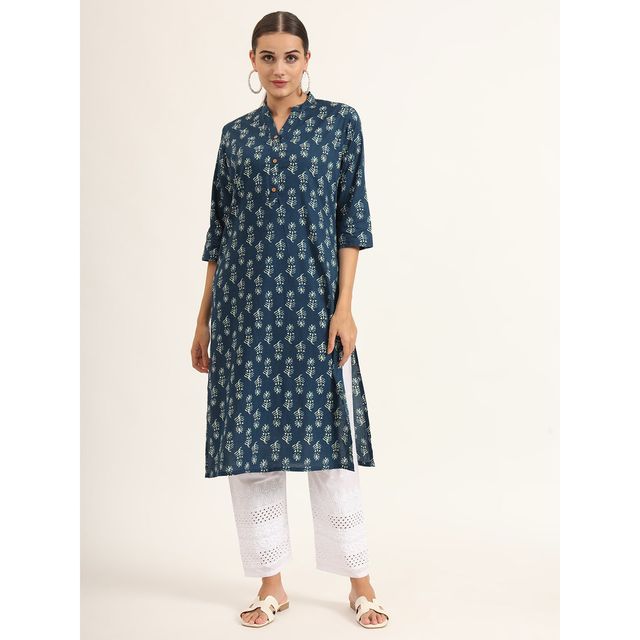 Divena Women s Blue Floral Print Pure Cotton Straight Kurta | DK2133 | L