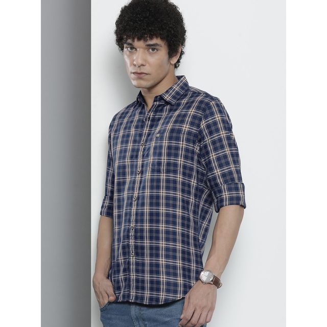 The Indian Garage Co Men's Regular Fit Checkered Casual Shirt | Navy - S