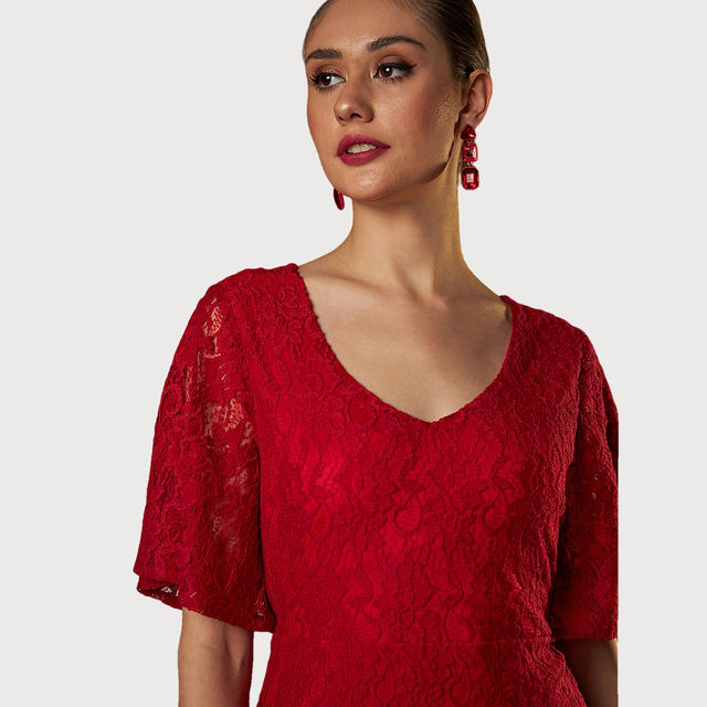 strapless open back dress Wine Red 1950s Lace Floral Bishop Sleeves Dress main image 1