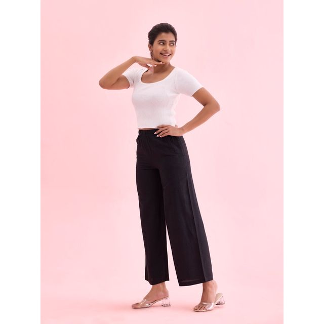 Go Colors Women's Solid Linen Palazzos | LPZ3 | Black - XL