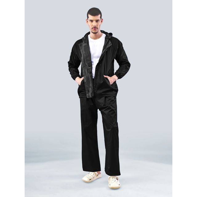 Lux Venus Lightweight Hooded Reversible Raincoat for Men With Waterproof Pant - Black | XXL
