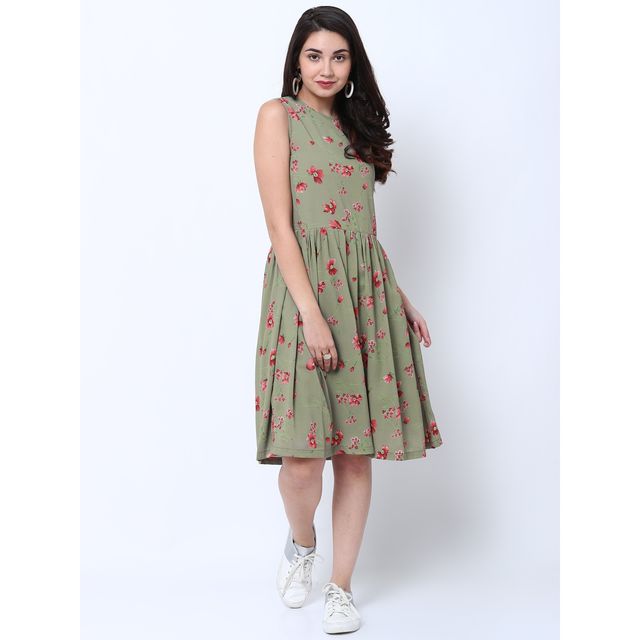 Tokyo Talkies Women's Printed Fit and Flare Dress | Green - XL