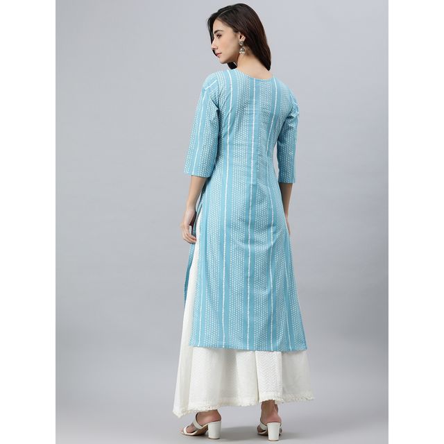 Janasya Women s Blue Pure Cotton Striped Straight Kurta - JNE3787-KR - S