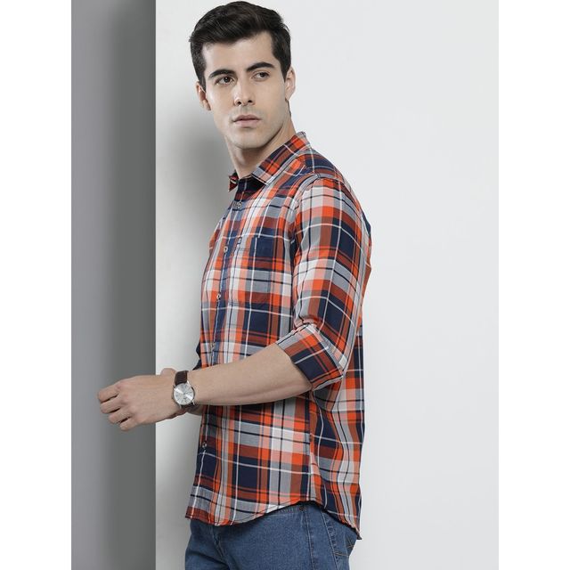 The Indian Garage Co Men's Regular Fit Checkered Casual Shirt | Navy Blue - L