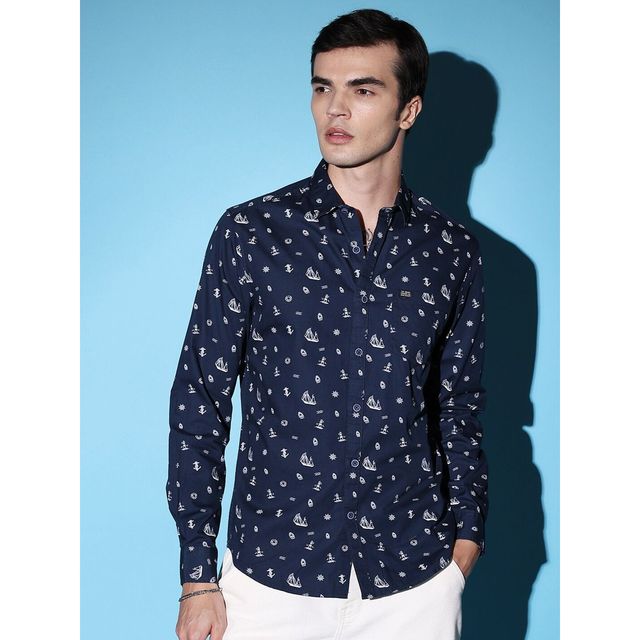The Indian Garage Co Men's Slim Fit Conversational Print Casual Shirt | Navy Blue - 2XL