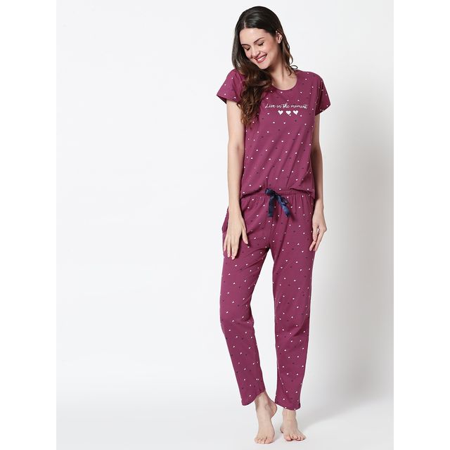 Zeyo Women Cotton Heart Printed Plum Red Night Suit Set of Top & Pyjama 5302-WN-5XL