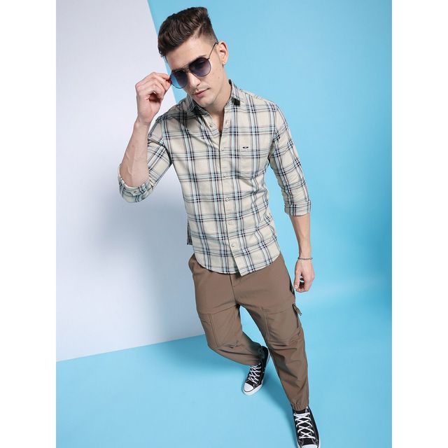 The Indian Garage Co Men's Slim Fit Checkered Casual Shirt | Khaki - XL