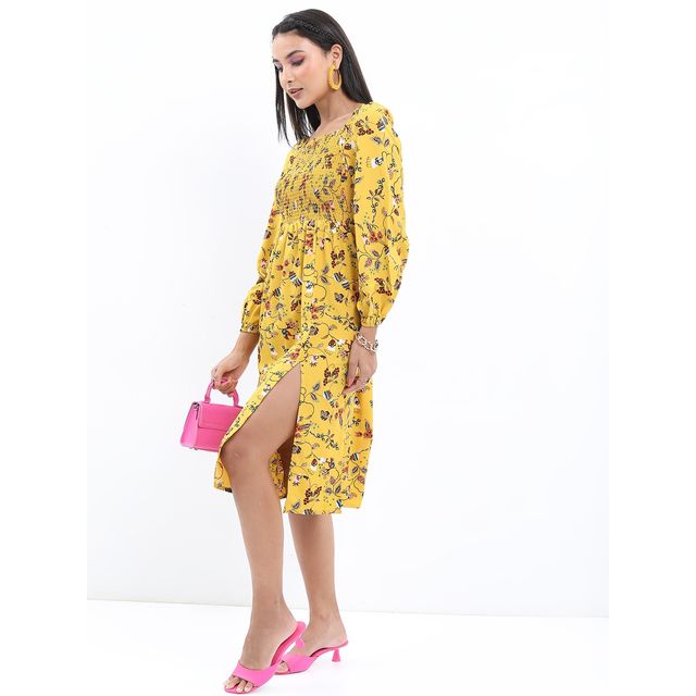 Ketch Women's Floral Fit & Flare Midi Dress | Yellow - M