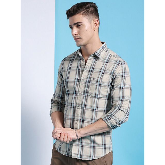 The Indian Garage Co Men's Slim Fit Checkered Casual Shirt | Khaki - XL