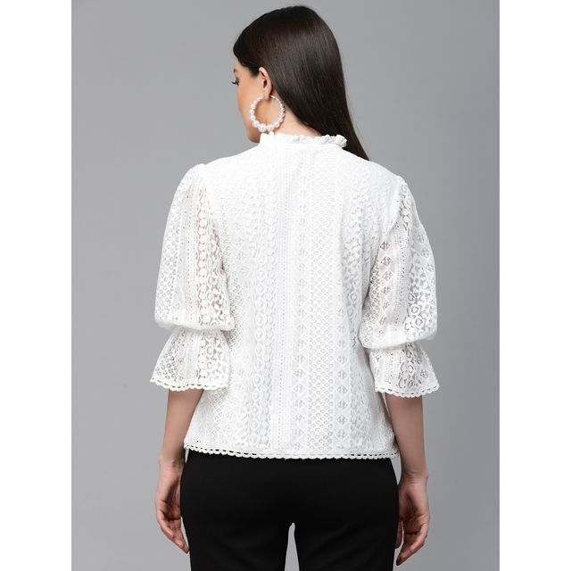 Style Quotient Women White Self Design Lace Regular Smart Casual Top | S | SS23SQSIKKIM - White