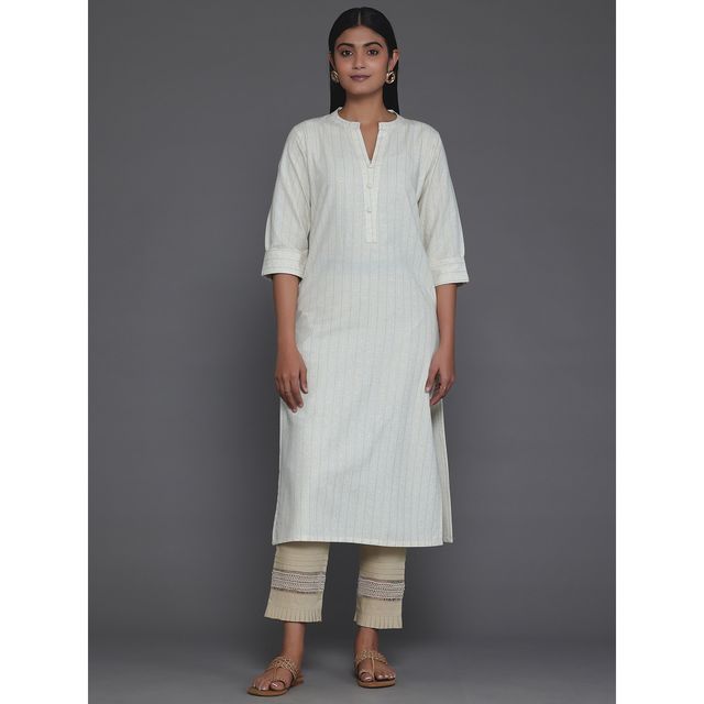 Libas Women's Cream Striped Cotton Straight Kurta | 26803 - S