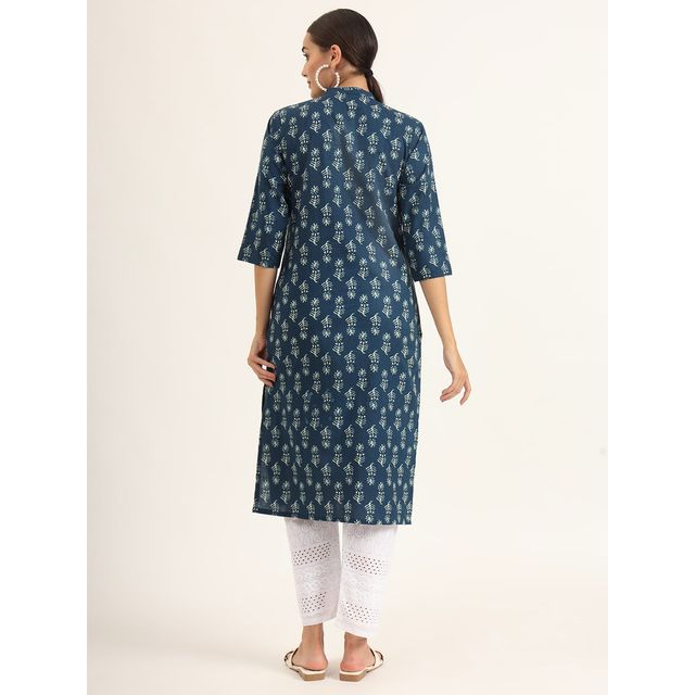 Divena Women s Blue Floral Print Pure Cotton Straight Kurta | DK2133 | L