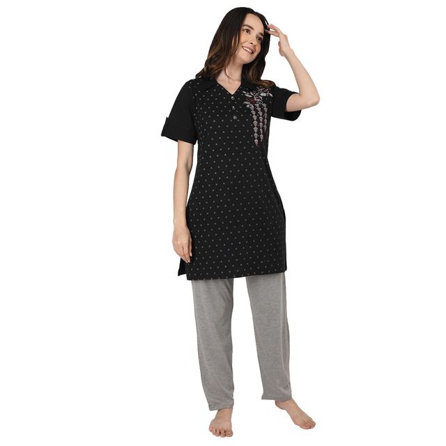 Duchess Women s Cotton Regular Fit Printed-Embroided Long Night Suit Set | Black | 3XL