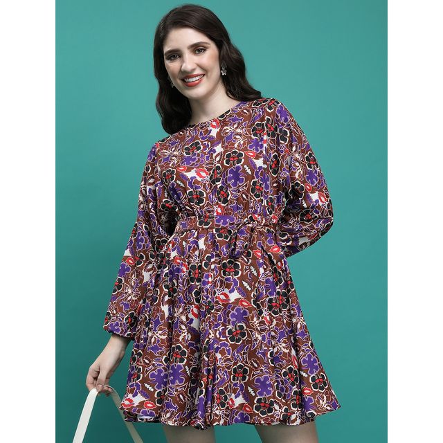Ketch Women's Floral Printed Tie-Up Fit & Flare Dress | Multicolor - M