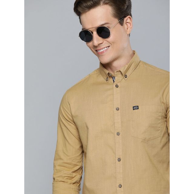 The Indian Garage Co Men's Slim Fit Solid Casual Shirt | Khaki - M