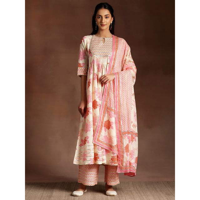 Libas Women's Orange Printed Cotton Anarkali Suit With Dupatta | XL