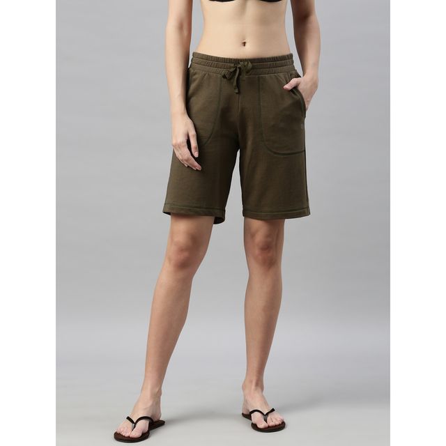 Enamor Essentials E080 Women s Knee Length Shorts | Adjustable Waistband & Pockets | Green | L