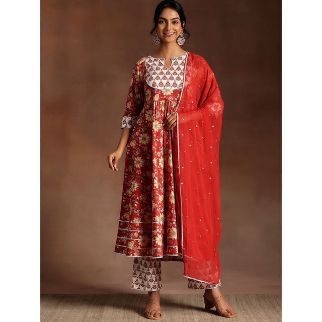 Libas Women's Red Printed Cotton Anarkali Suit With Dupatta | M