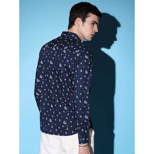 The Indian Garage Co Men's Slim Fit Conversational Print Casual Shirt | Navy Blue - 2XL