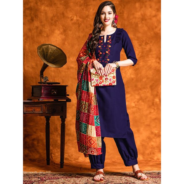 Youthnic Embroidered & Mirror Work Cotton Straight Kurta Dupatta Set | SKD44 - Sawan Navy | M