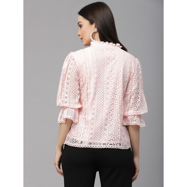 Style Quotient Women Peach Self Design Lace Regular Smart Casual Top | M | SS23SQSIKKIM - Peach