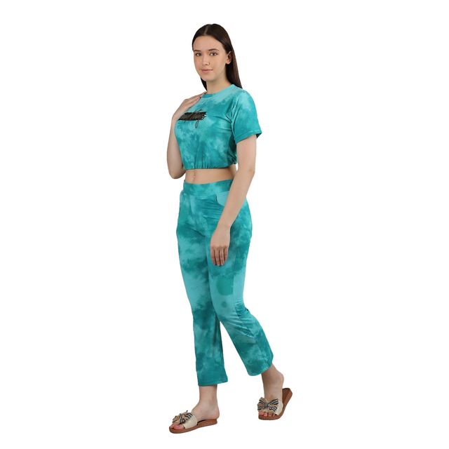 Duchess Women's Cotton Round Neck Printed top & Pyjama Co-ord Set | Light Cream Green - XL