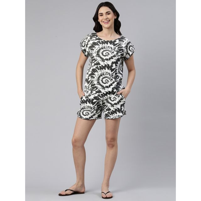 Enamor Essentials EC14 Women s Viscose Printed Ruffled Trim Tee And Shorts Set | Black | M