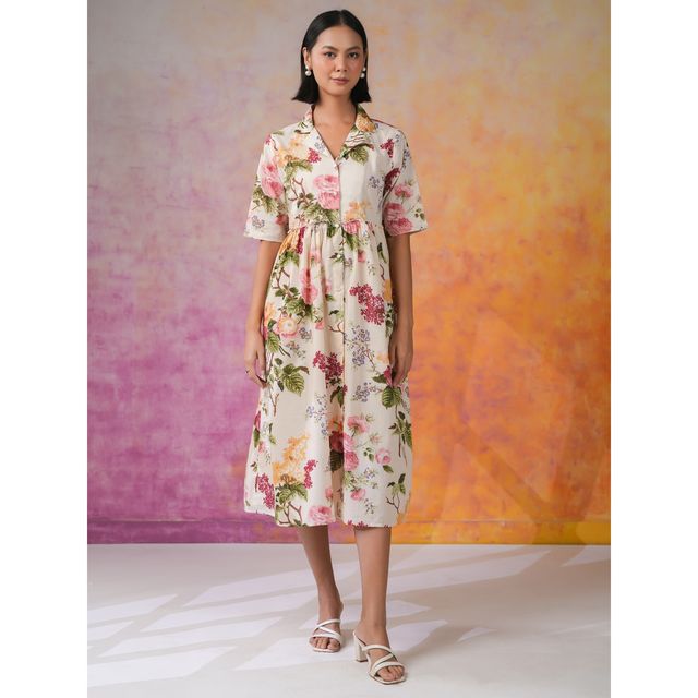 Sanskrutihomes Floral Print Fit & Flare Dress for Women s | Off White | M