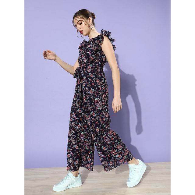 Miss Chase Women s Cashflow Is Queen Frilled Jumpsuit Multicolored Base Navy Blue | XL