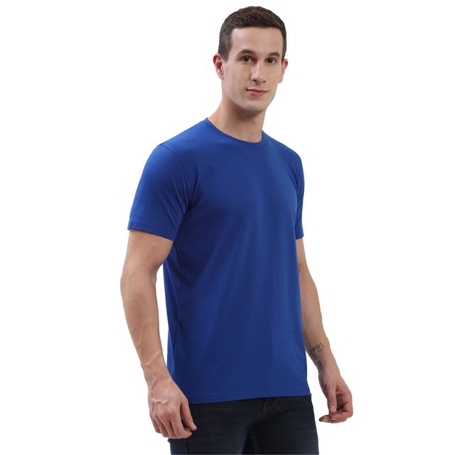 hummel Men's Cam Round Neck Solid Regular Fit Cotton Poly T-shirt | Blue - S