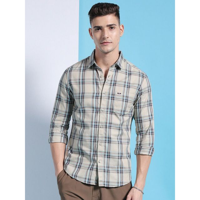 The Indian Garage Co Men's Slim Fit Checkered Casual Shirt | Khaki - XL
