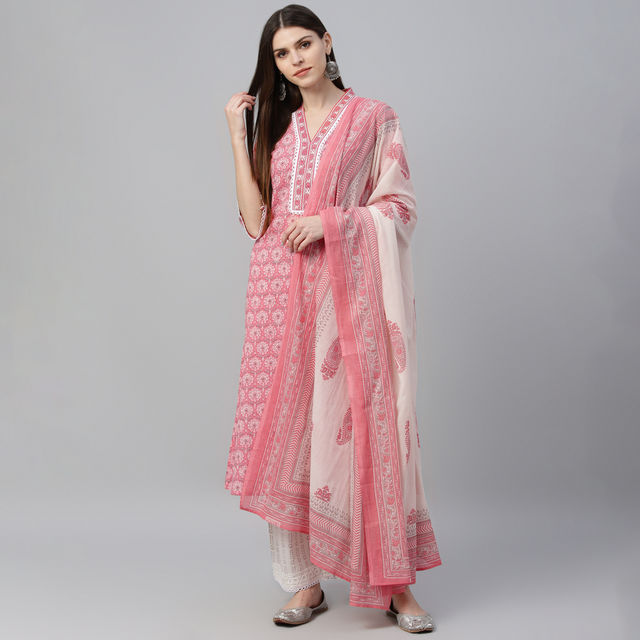 Libas Women Peach Floral Straight Cotton Kurta With Palazzo And Floral Dupatta - 35721XL