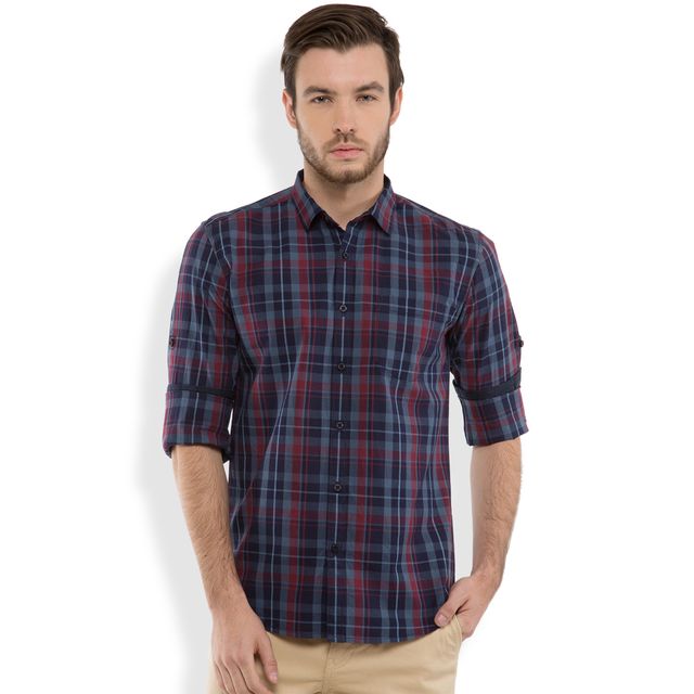 Highlander Men's Slim Fit Checked Casual Shirt - Navy Blue and Lt Blue | XL