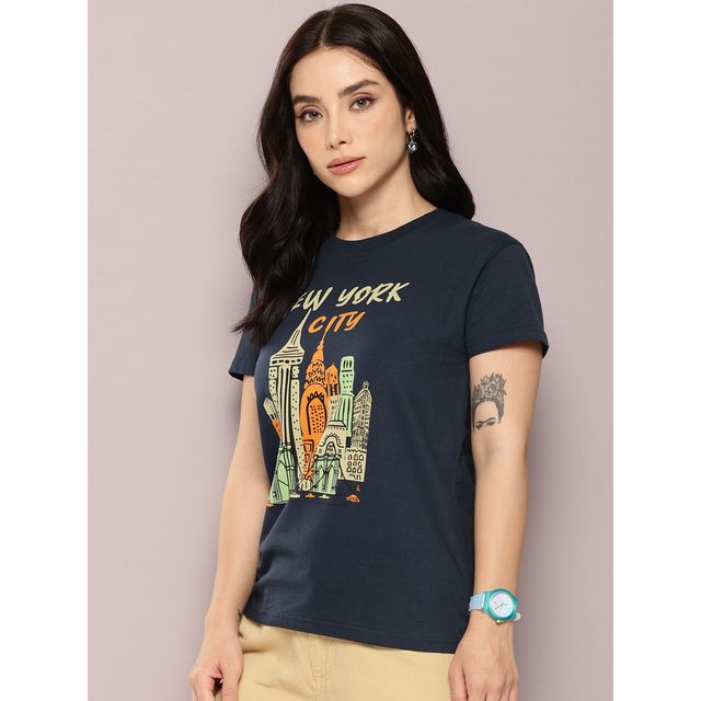 Dillinger Women's Regular Fit Printed T-shirt | WMNCR572NVY | Navy Blue - M