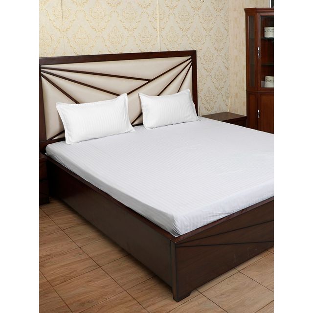 Hosta Homes White Striped 300 Tc Satin Cotton King Size Bed Sheet With 2 Pillow Covers